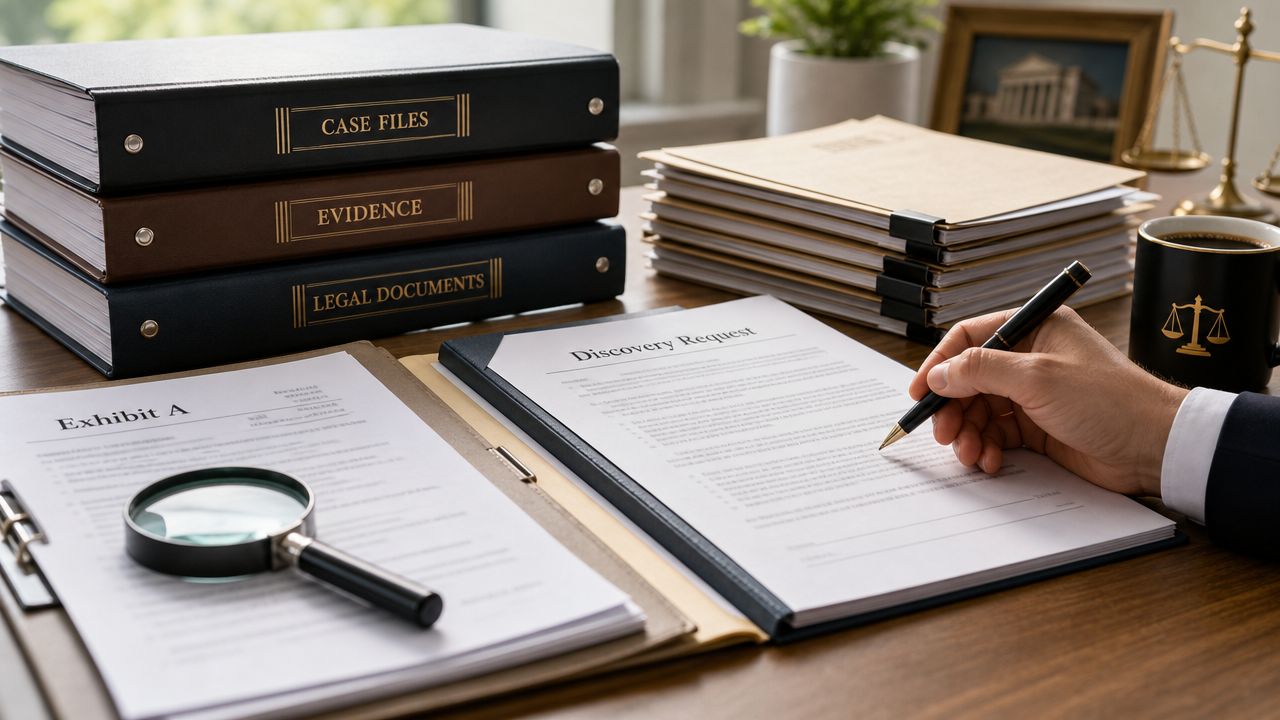 A legal professional reviews discovery request documents and case files on a desk with a magnifying glass.