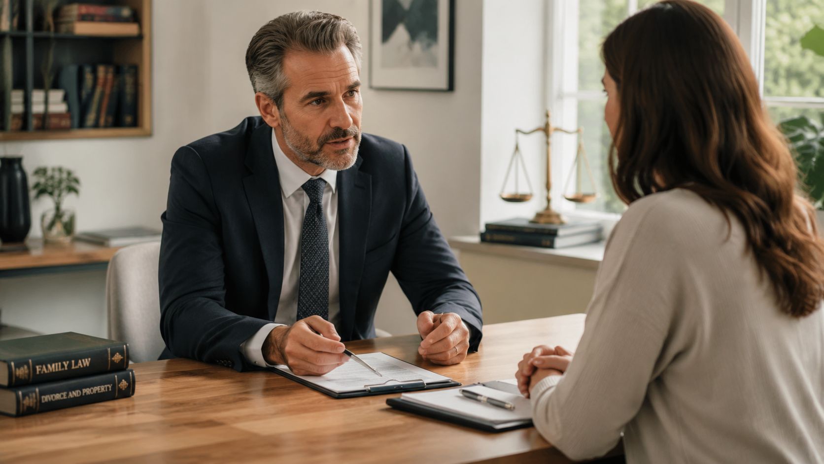 A professional attorney discussing legal documents with a female client in a law office setting.