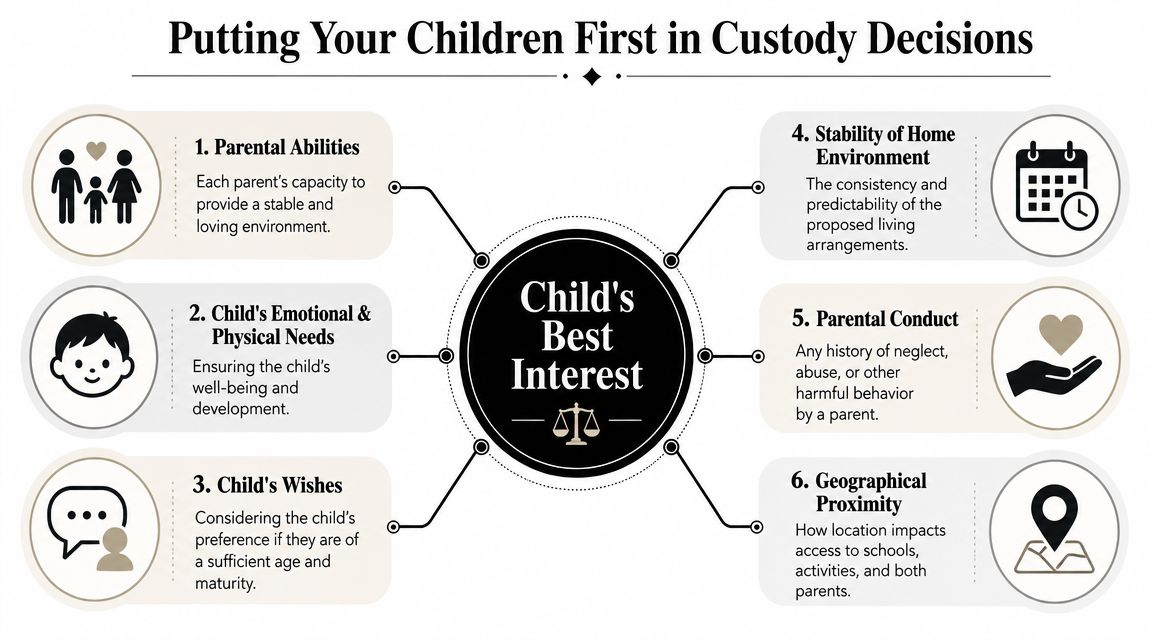 An infographic titled Putting Your Children First in Custody Decisions highlighting six factors for a child's best interest.