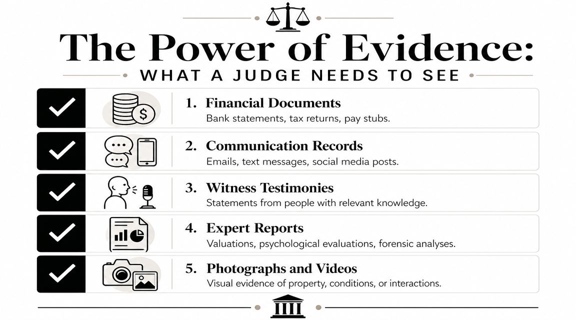 An infographic titled The Power of Evidence listing five essential types of legal evidence for court cases.