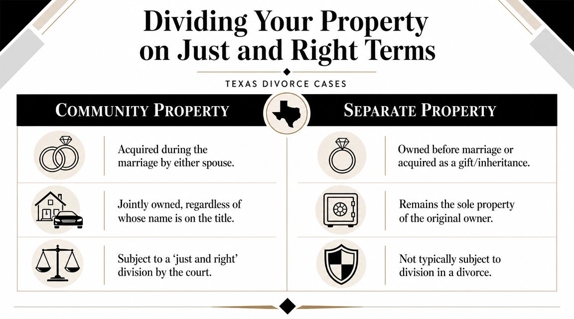 A comparison chart explaining the difference between community property and separate property in Texas divorce law.