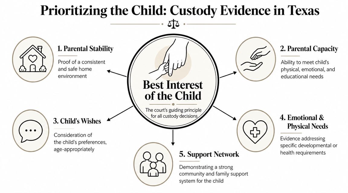 An infographic titled Prioritizing the Child detailing five key factors influencing child custody decisions in Texas courts.