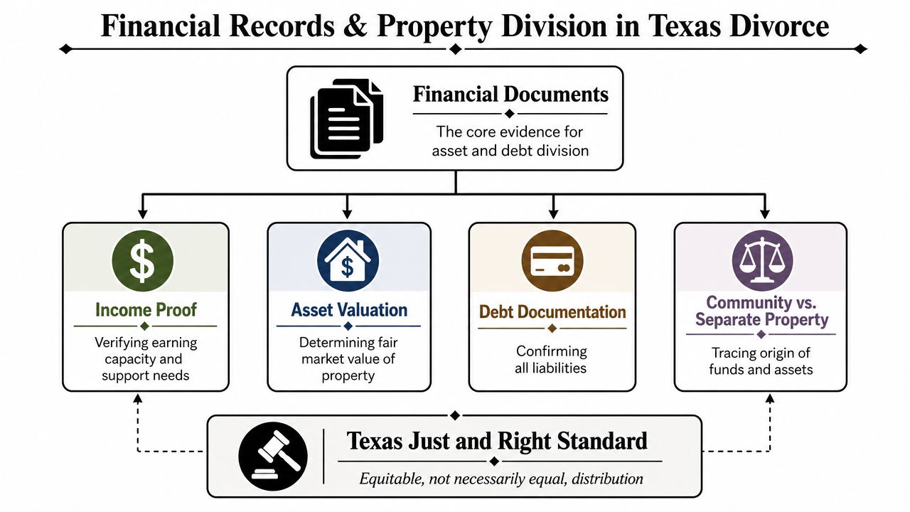 An infographic detailing how financial records and property division are handled during a Texas divorce case.