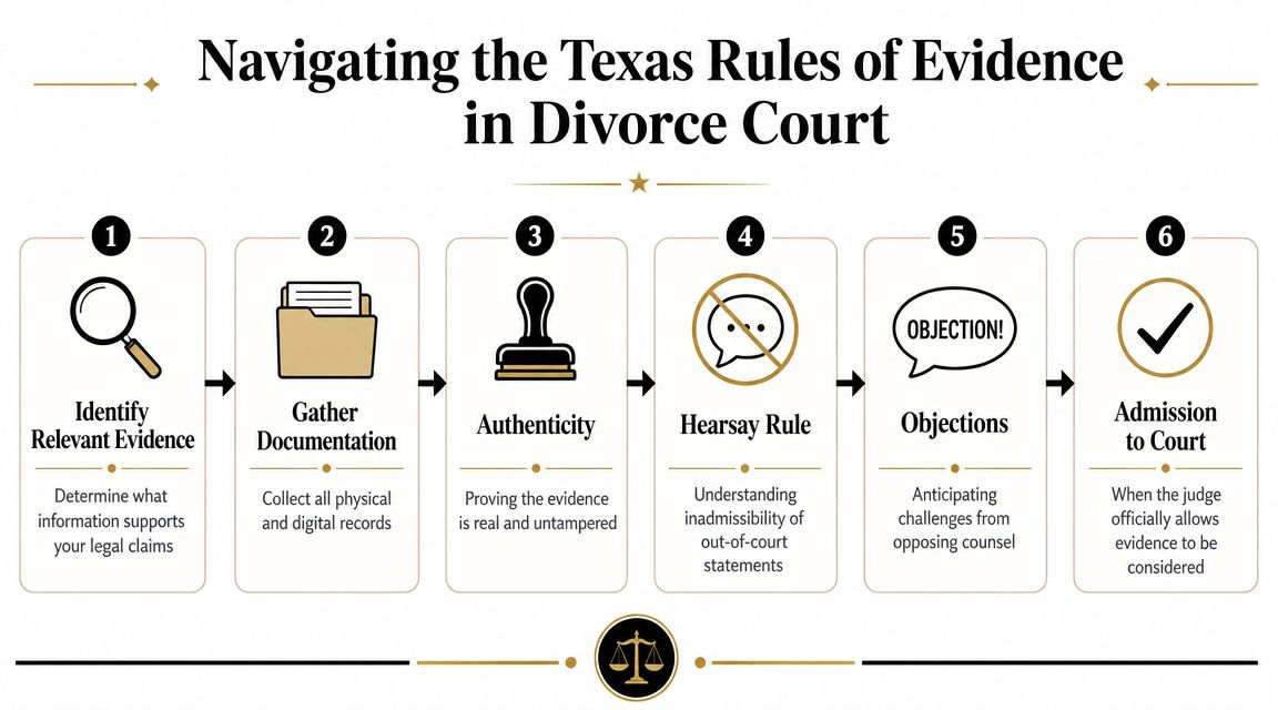 A flowchart outlining the six essential steps for navigating Texas rules of evidence in divorce court.