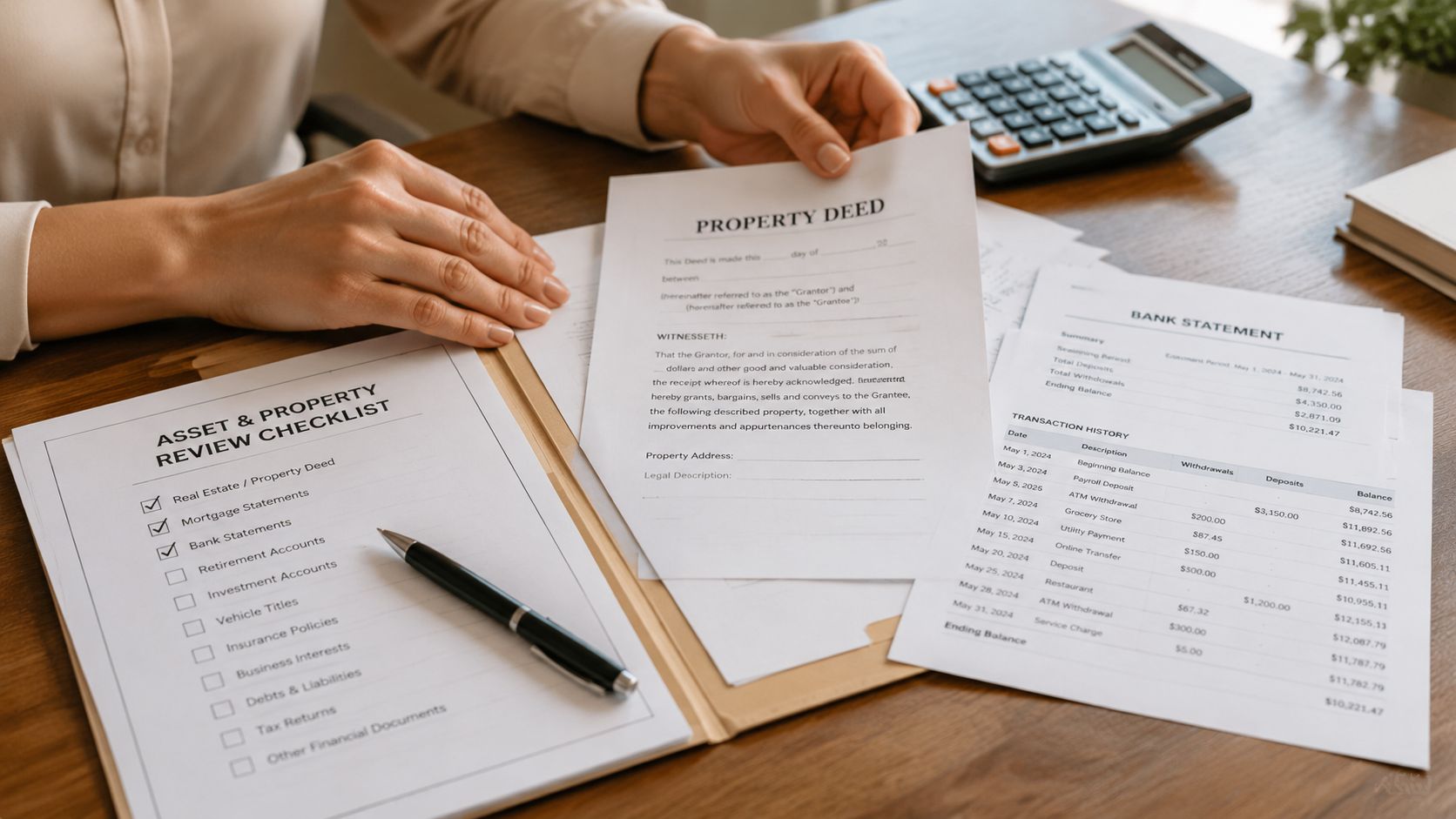 A person reviewing an asset and property checklist, property deed, and bank statement for financial planning.