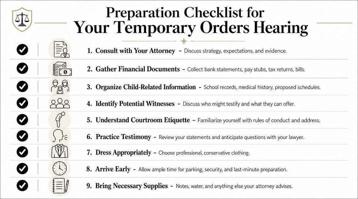 A preparation checklist for a temporary orders hearing including legal, financial, and procedural steps for clients.