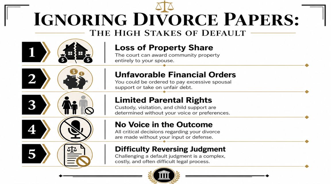 An infographic detailing the five serious legal consequences of ignoring divorce papers and failing to respond in court.