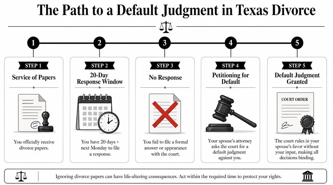 A flow chart illustrating the five steps leading to a default divorce judgment in Texas courts.