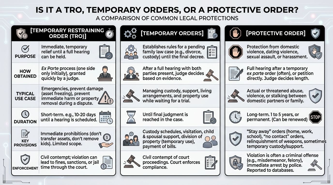 A comparison table outlining the differences between temporary restraining orders, temporary orders, and protective orders in legal settings.