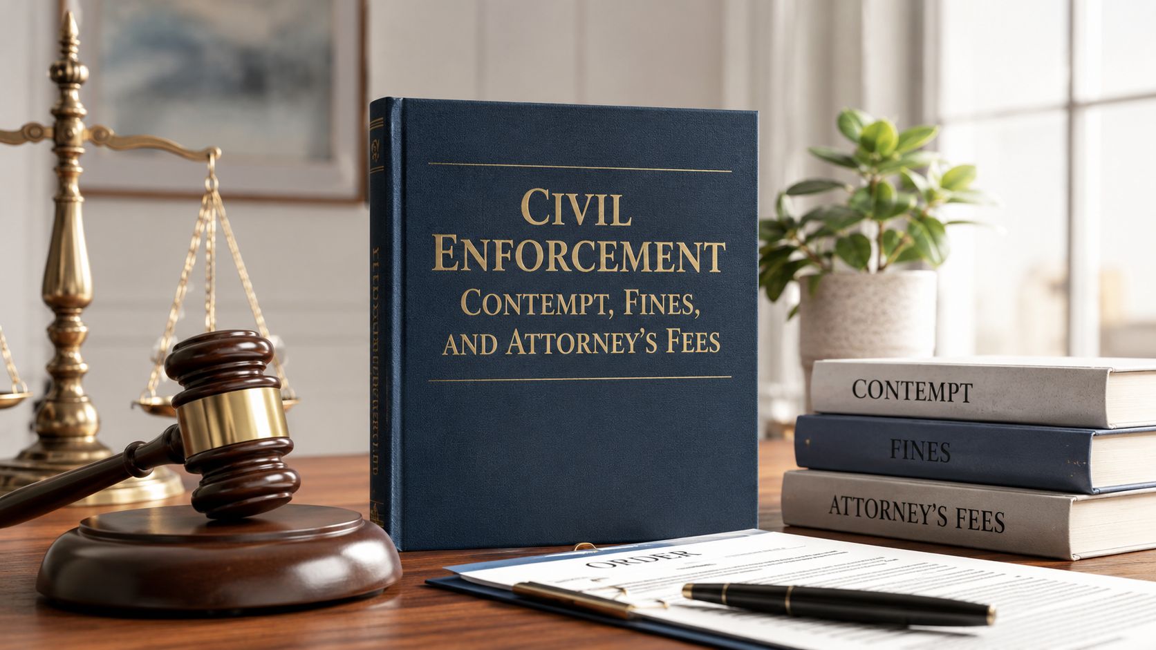A law book titled Civil Enforcement with a wooden gavel and legal documents on a desk.