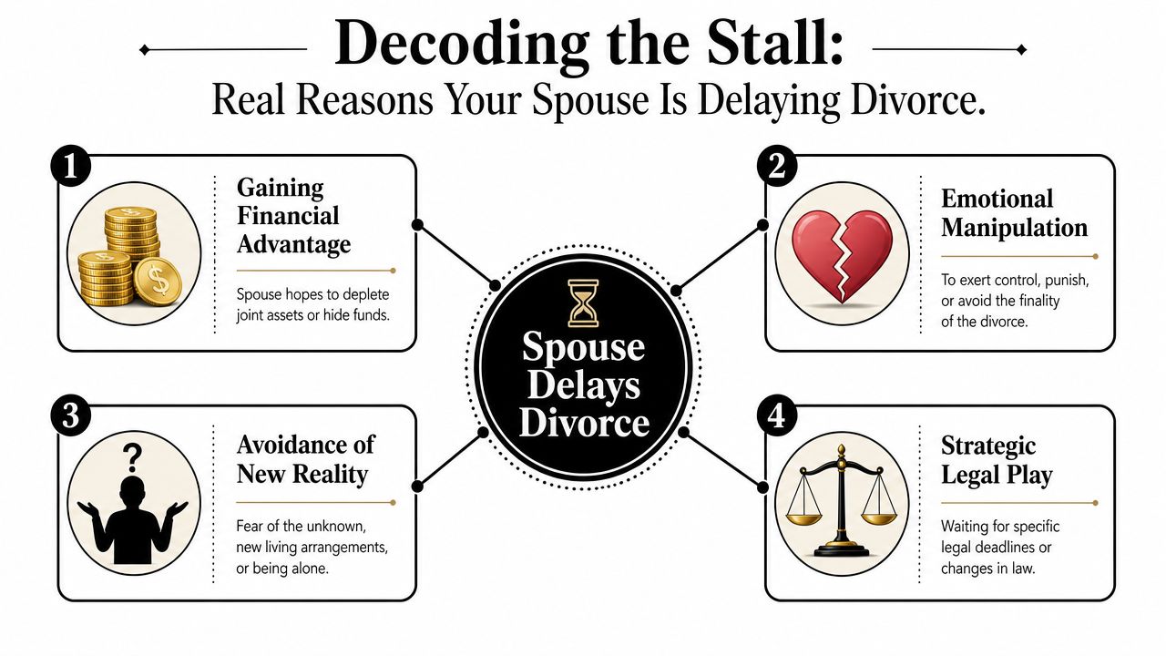 An infographic titled Decoding the Stall illustrating four strategic reasons why a spouse might delay divorce.