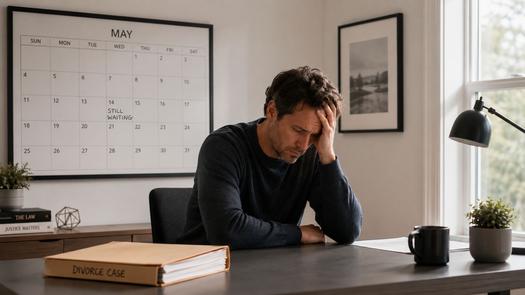 A distressed man sits at a desk with a folder labeled Divorce Case and a calendar.