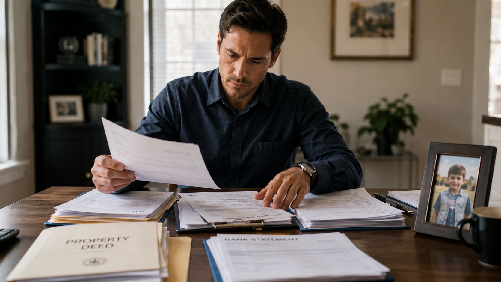 A man focused on reviewing important financial documents and property deeds at his wooden desk at home.