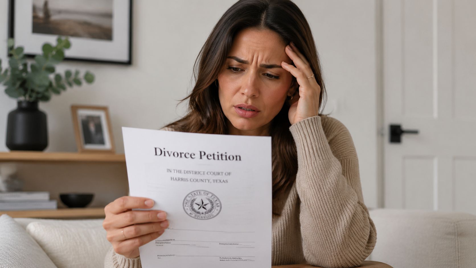 A distressed woman holding a divorce petition document in a home setting, expressing concern and emotional stress.