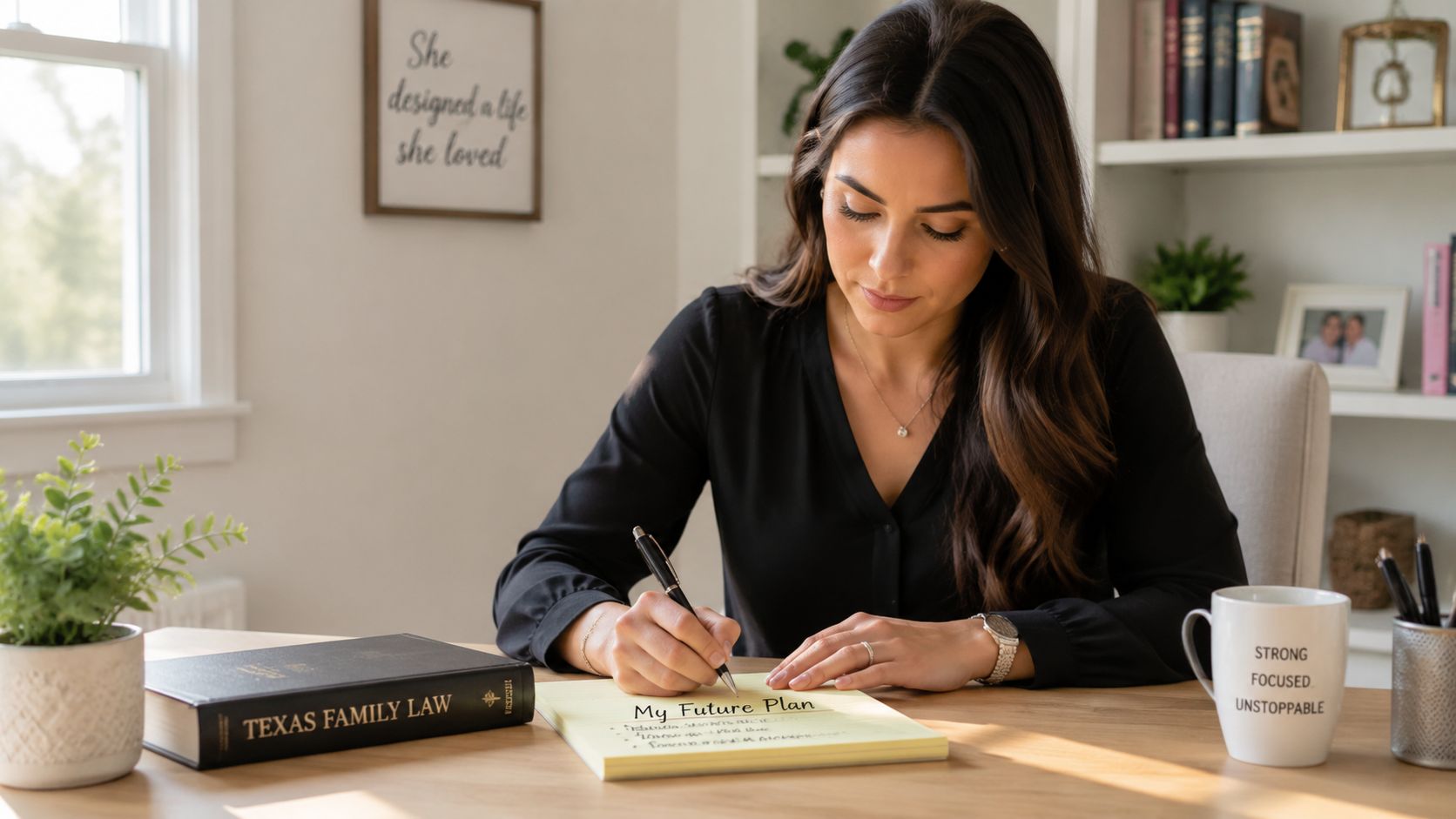 A focused woman writing a future plan in a notebook next to a Texas family law book.
