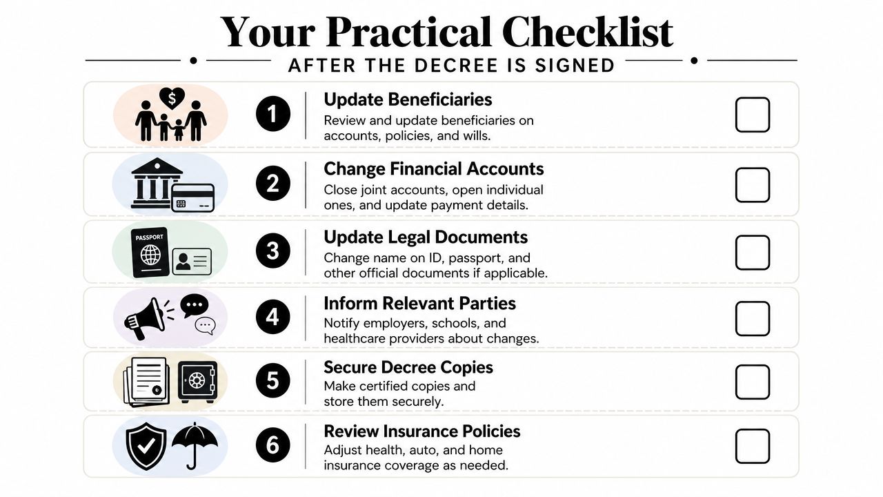 A checklist titled After The Decree Is Signed, listing six essential financial and legal tasks to complete.