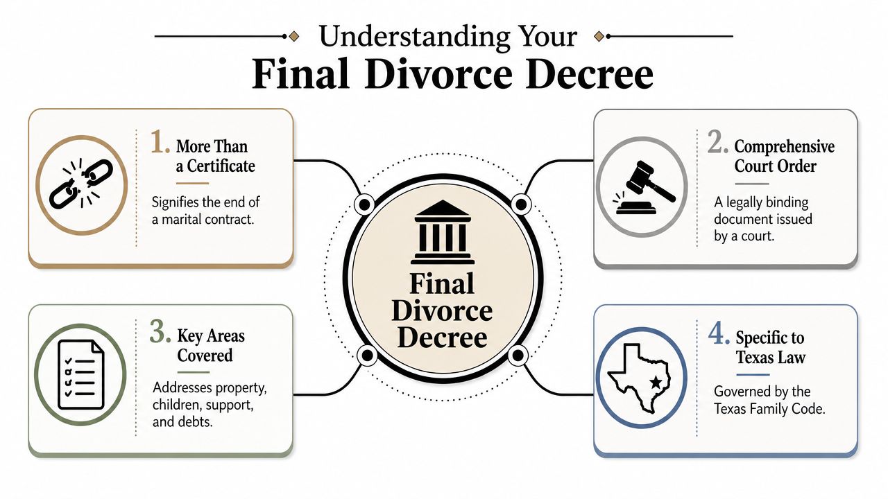 An infographic titled Understanding Your Final Divorce Decree, explaining its purpose and legal relevance under Texas law.