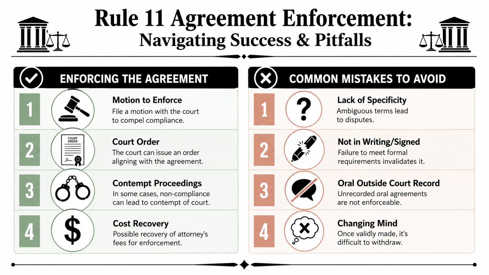 An infographic detailing steps to enforce a Rule 11 agreement and common mistakes to avoid in legal procedures.