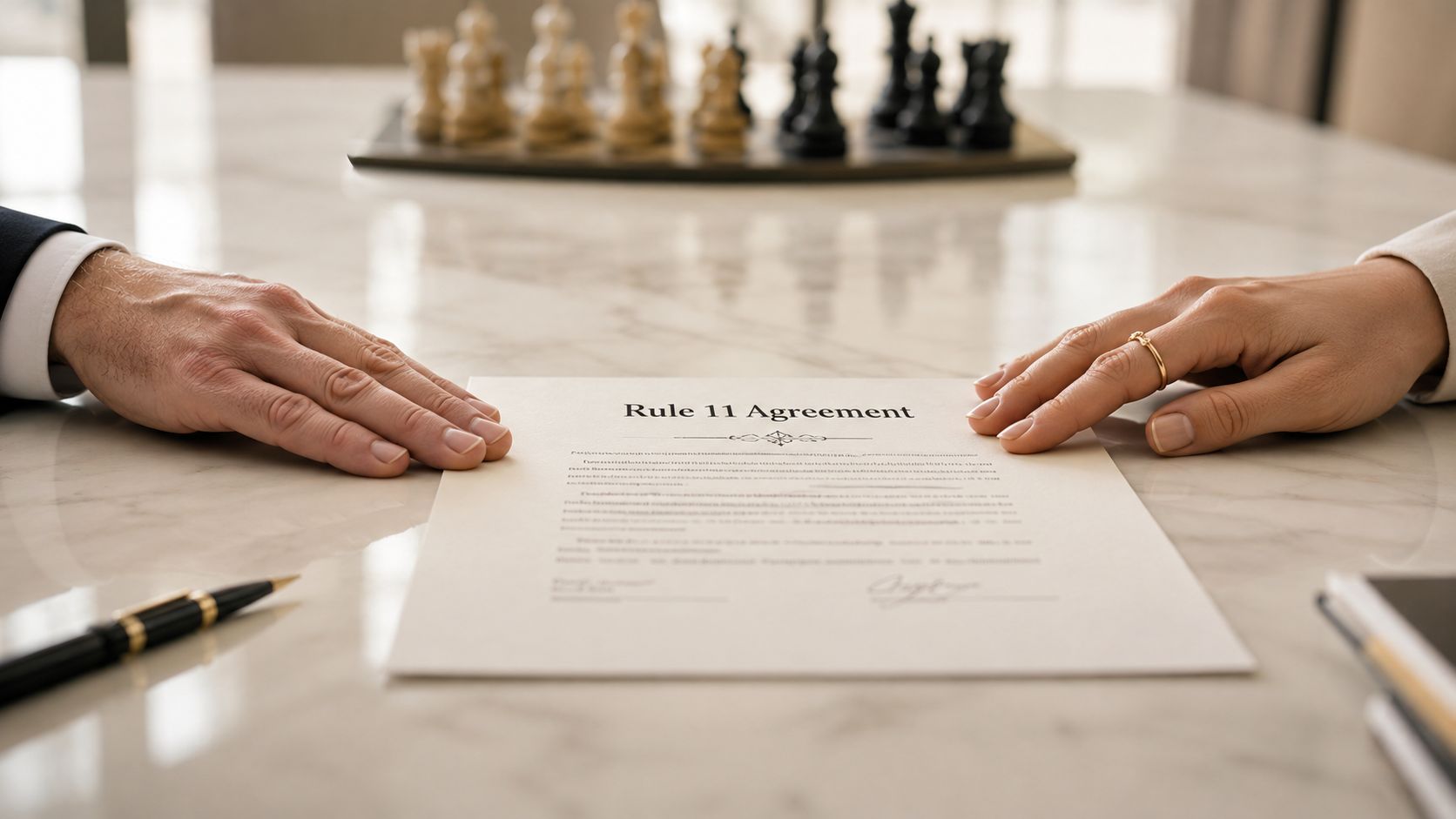 Two people sitting at a table with hands on a Rule 11 Agreement legal document.