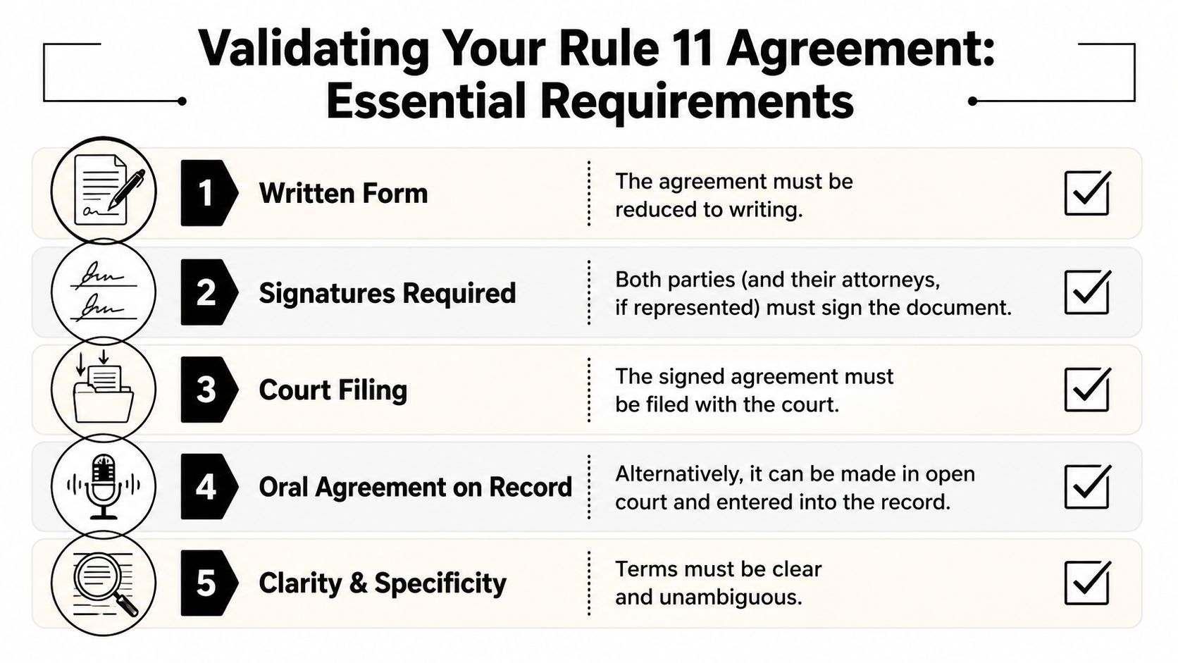 A checklist infographic outlining five essential requirements for validating a legal Rule 11 agreement in court.