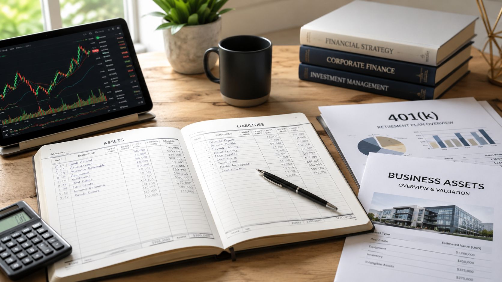 A professional desk featuring a tablet with stock market charts, financial books, a calculator, and balance sheets.