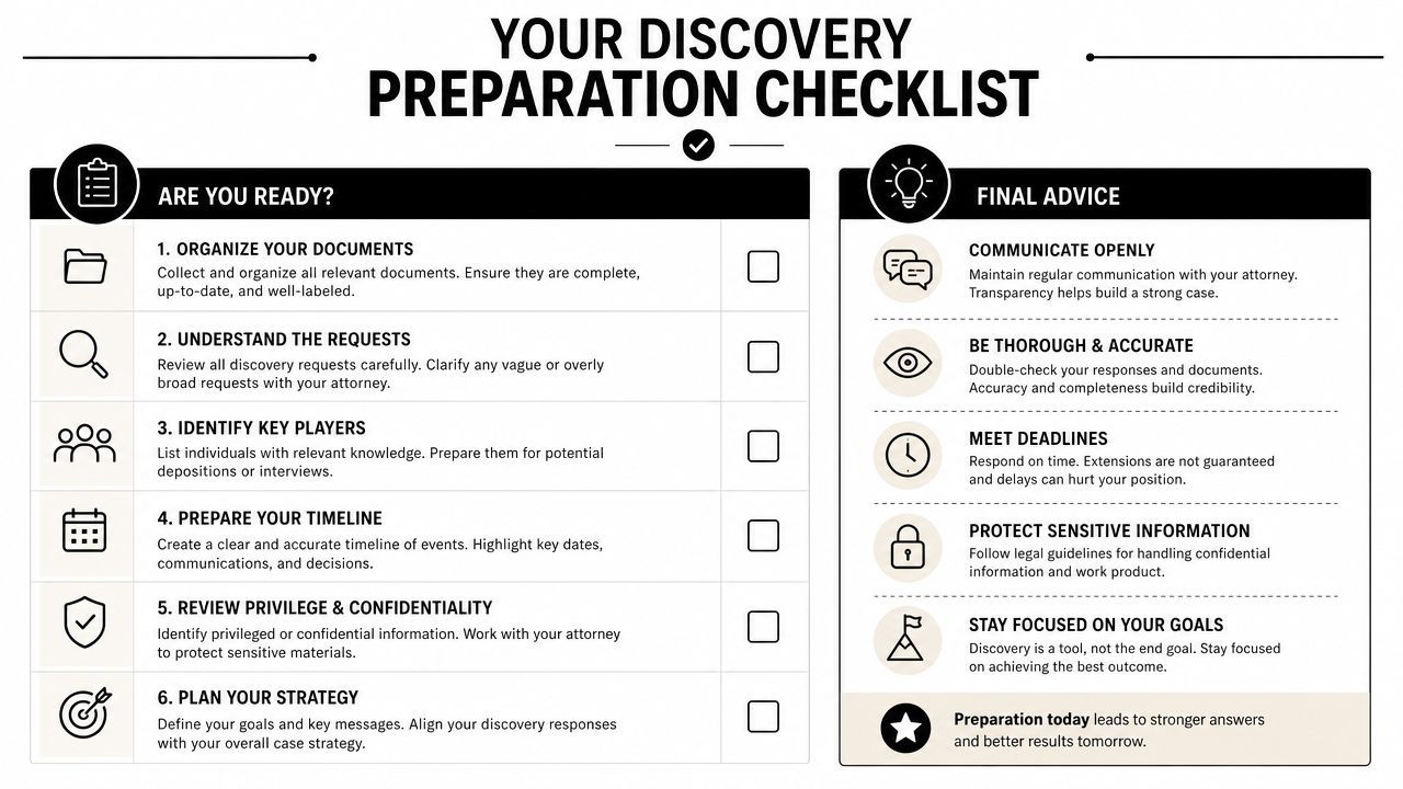 A comprehensive checklist for discovery preparation, featuring steps for legal document organization and case strategy.