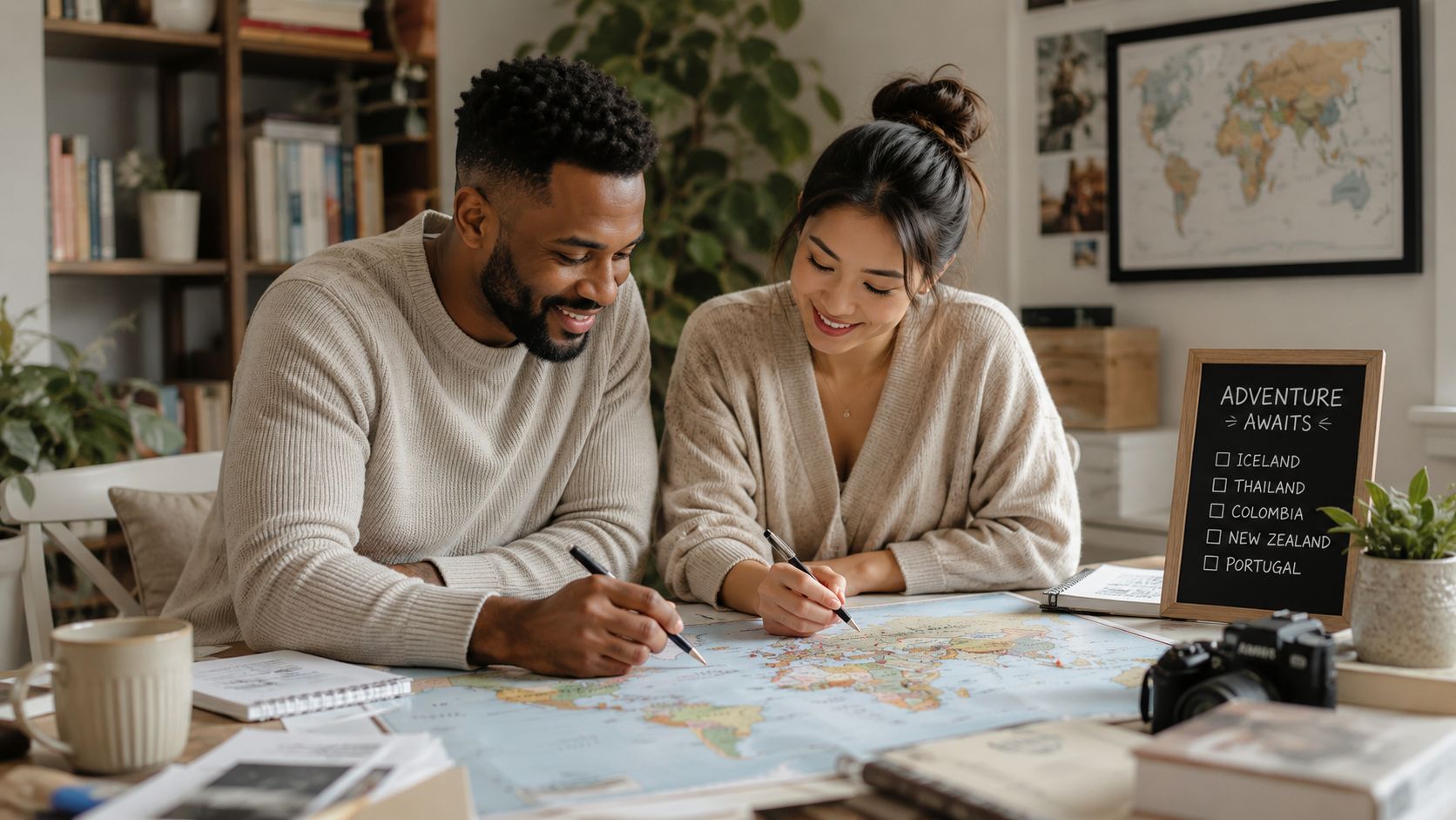 A happy couple sitting at a wooden table together planning their next travel vacation on a world map.