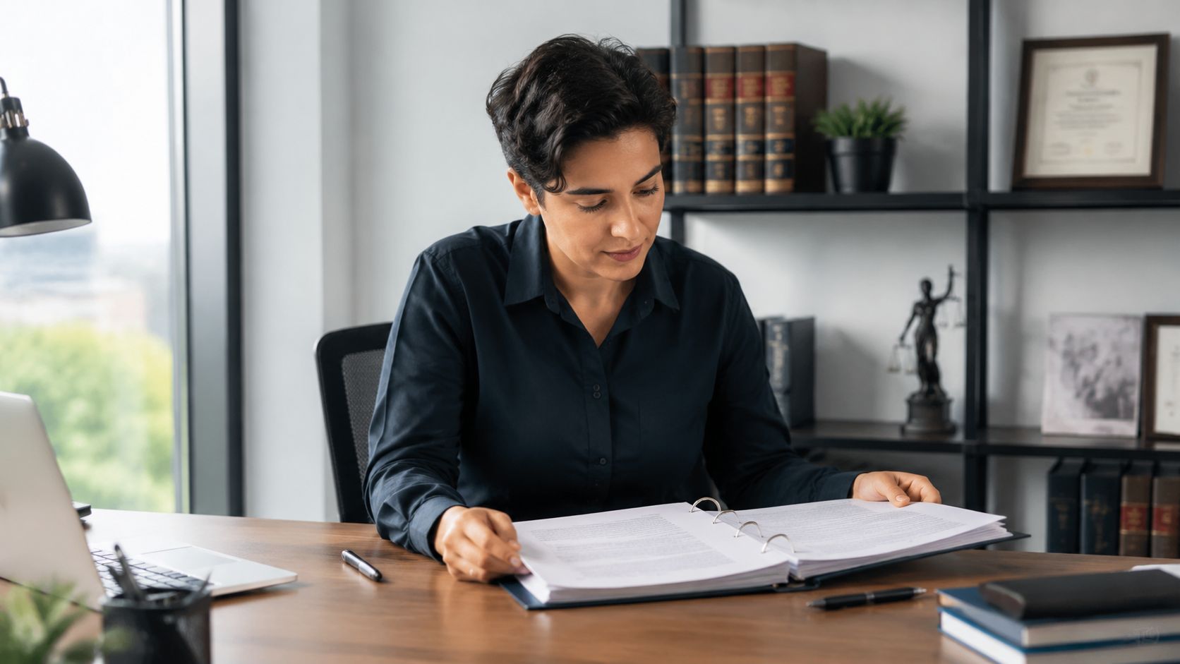 A professional woman in a dark shirt reads documents in a folder at her law office desk.