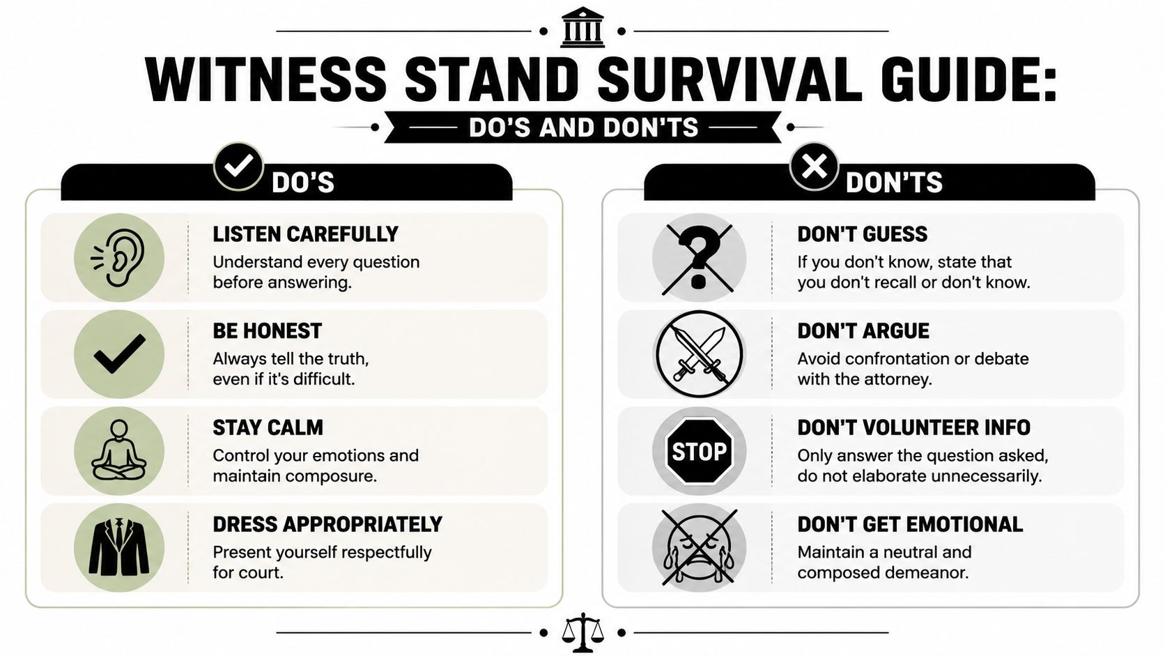A courtroom tips infographic labeled Witness Stand Survival Guide with clear do and don't list for testimonies.