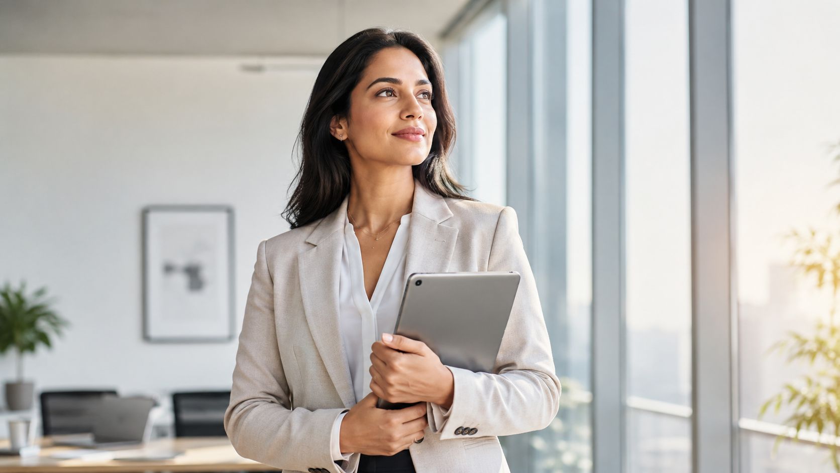 A professional female lawyer holding a digital tablet while looking thoughtfully out of a modern office window.