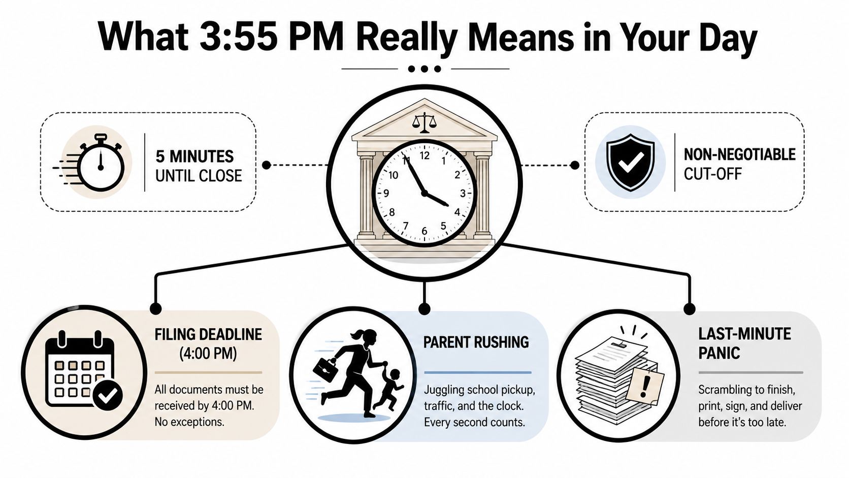 An infographic illustrating the stress of a 3:55 PM deadline for filing documents and personal tasks.