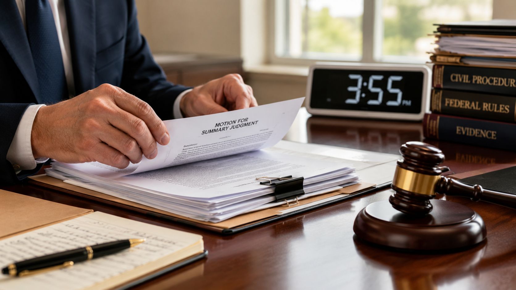 A professional lawyer reviewing legal documents on a wooden desk with a gavel and clock nearby.