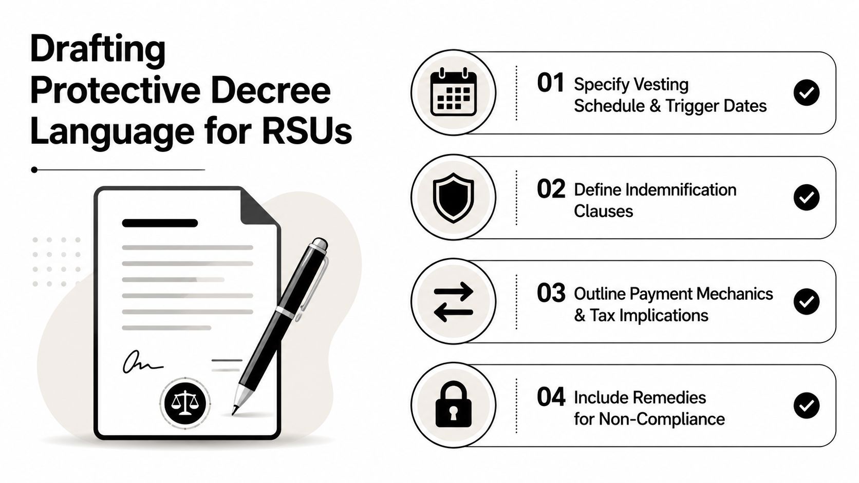 An infographic titled Drafting Protective Decree Language for RSUs with four key legal steps illustrated.