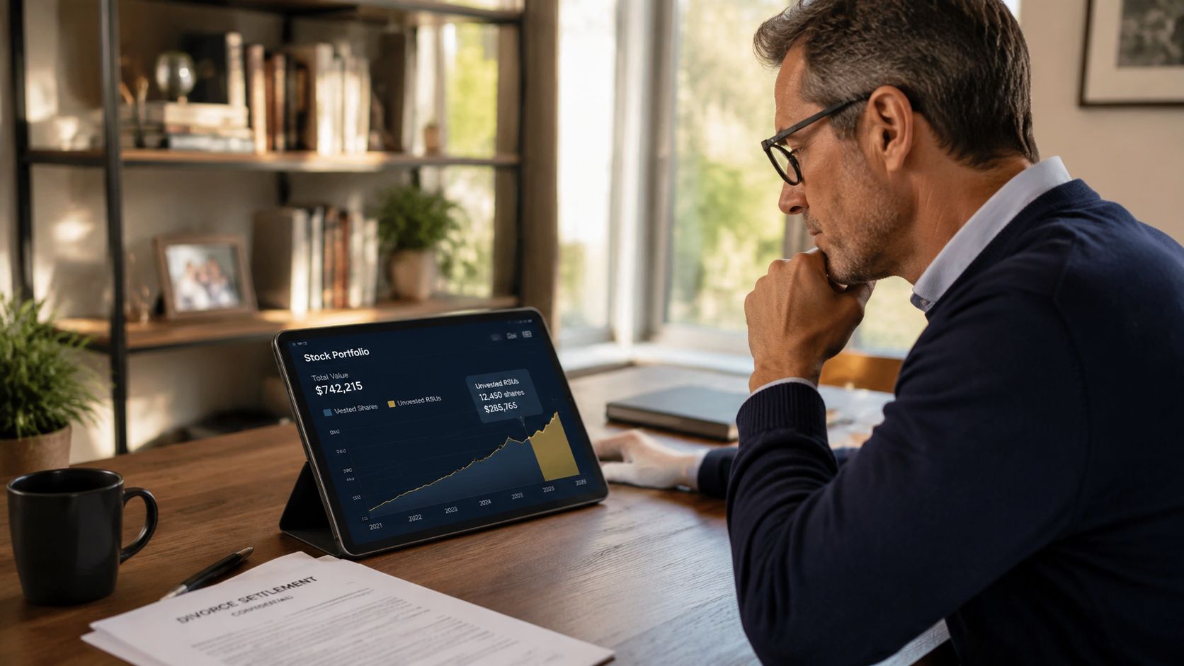 A man in glasses analyzing his stock portfolio and unvested RSUs on a tablet with divorce settlement papers.