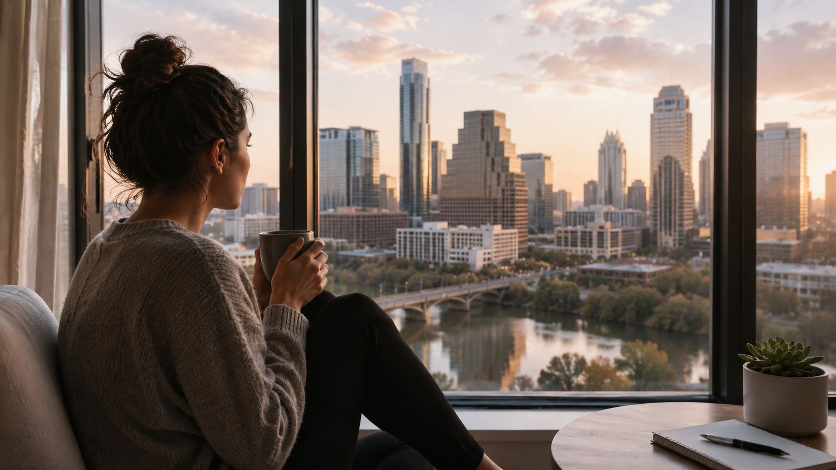 A woman looks out a high-rise window at the Austin skyline while holding a coffee mug.