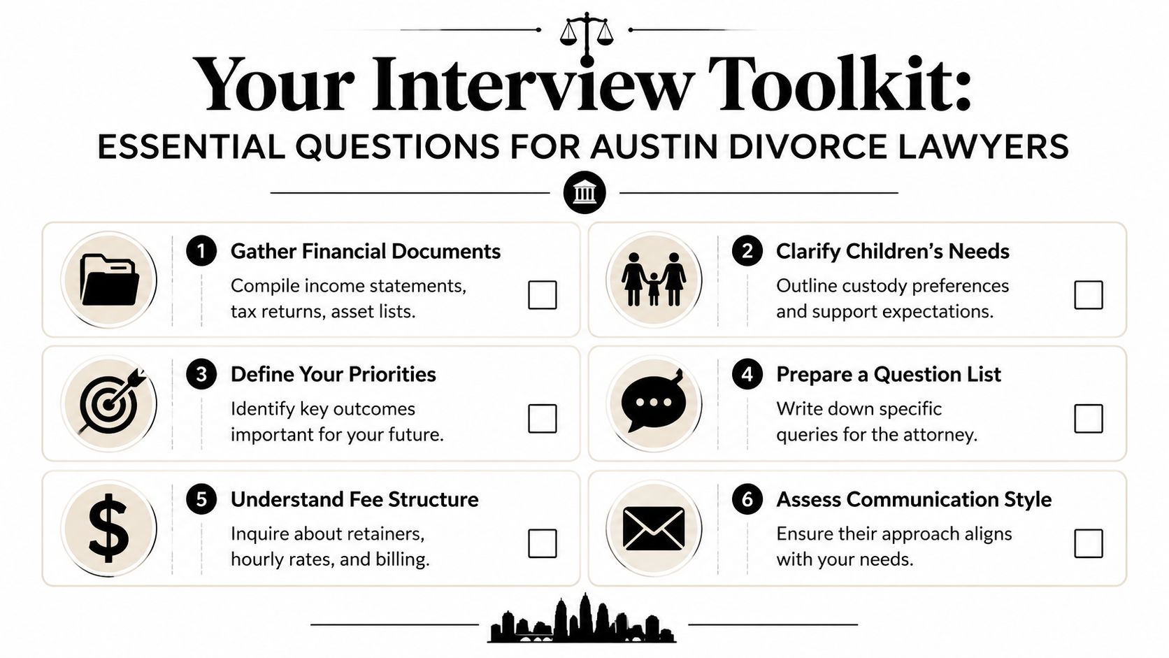 A checklist infographic titled Your Interview Toolkit for meeting with Austin divorce lawyers.