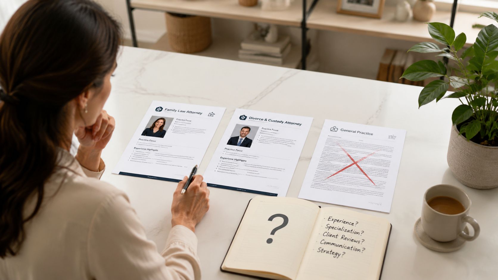 A woman analyzing attorney profiles on documents while considering hiring a divorce lawyer in San Antonio.