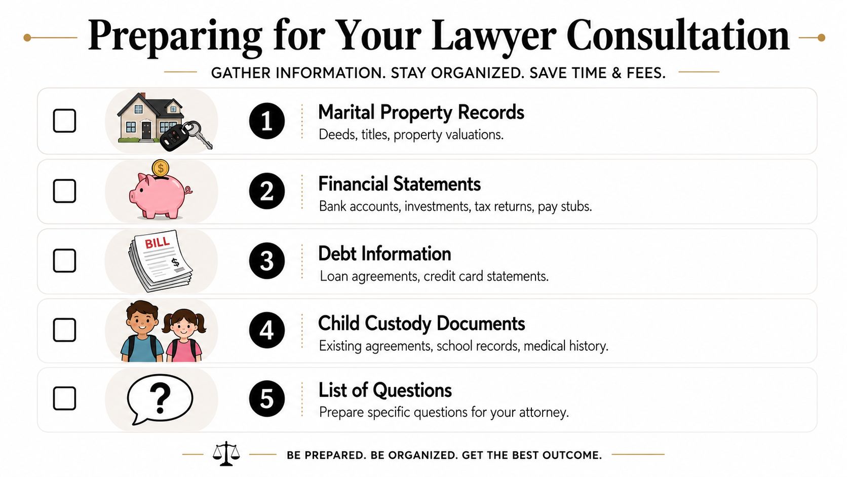 A checklist showing five essential documents to prepare for a divorce lawyer consultation to save time.