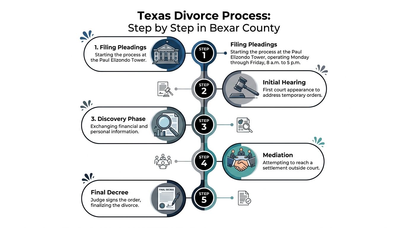A step-by-step infographic illustrating the divorce process in Bexar County, Texas, from filing to final decree.