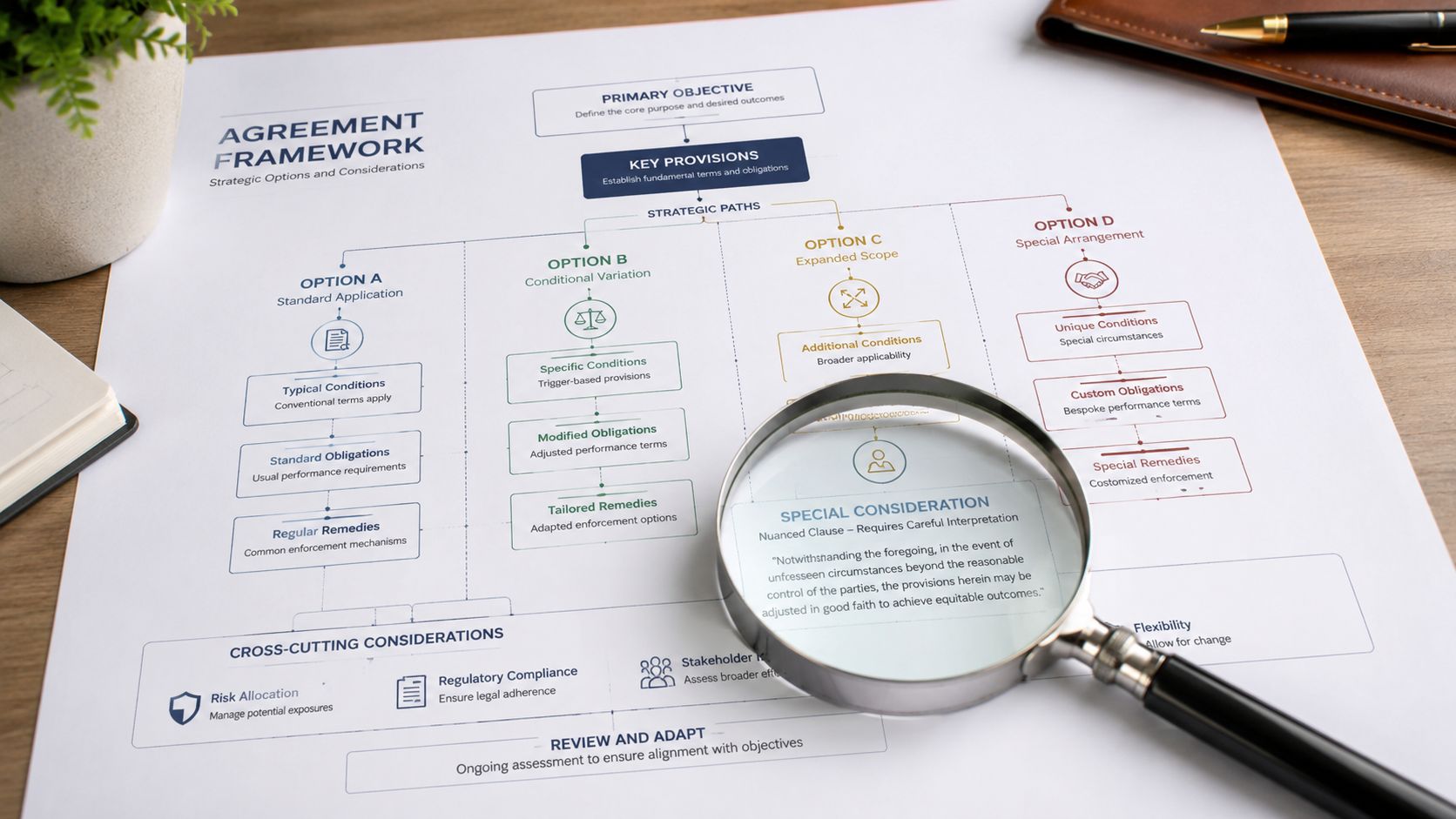 An Agreement Framework chart displayed on a desk, being examined under a magnifying glass.