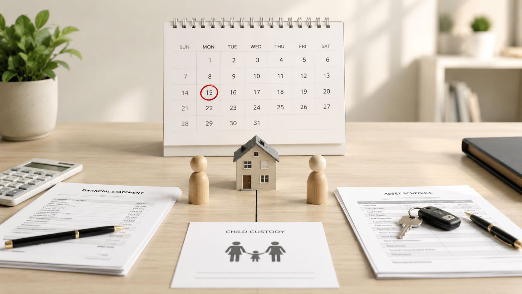 Legal documents and a model house on a desk, representing divorce proceedings and child custody planning.