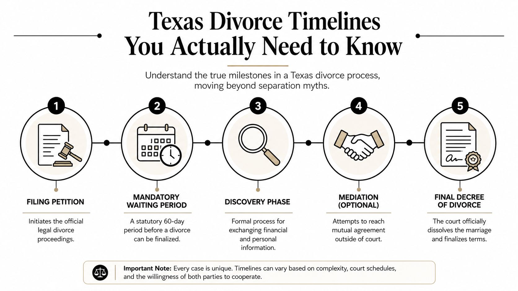 An infographic detailing the five key steps and milestones of the Texas divorce legal process.