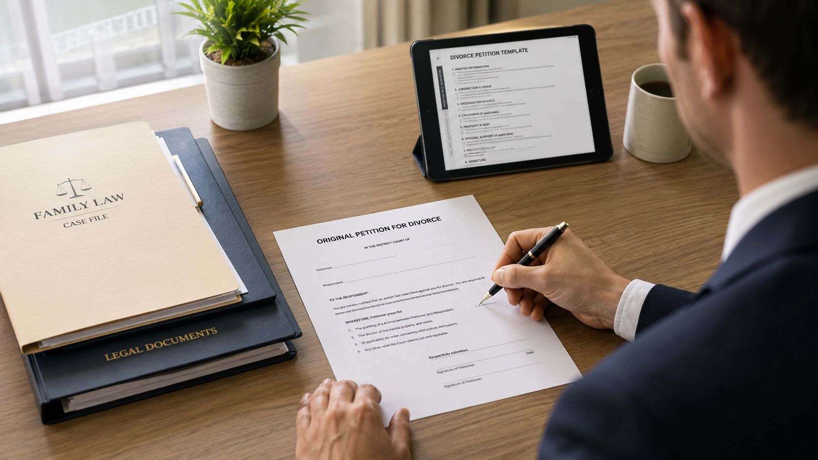 A professional man in a suit signing an original petition for divorce document at his office desk.