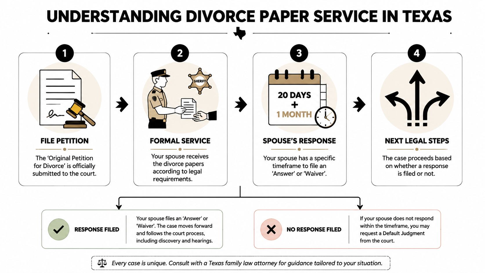 An infographic showing the four-step process for serving divorce papers in the state of Texas.