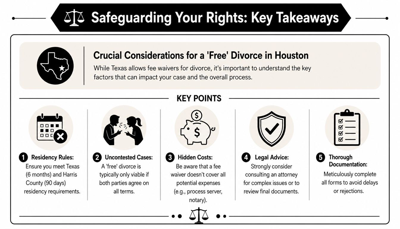 An infographic titled Safeguarding Your Rights, outlining five key requirements for obtaining a free divorce in Houston.