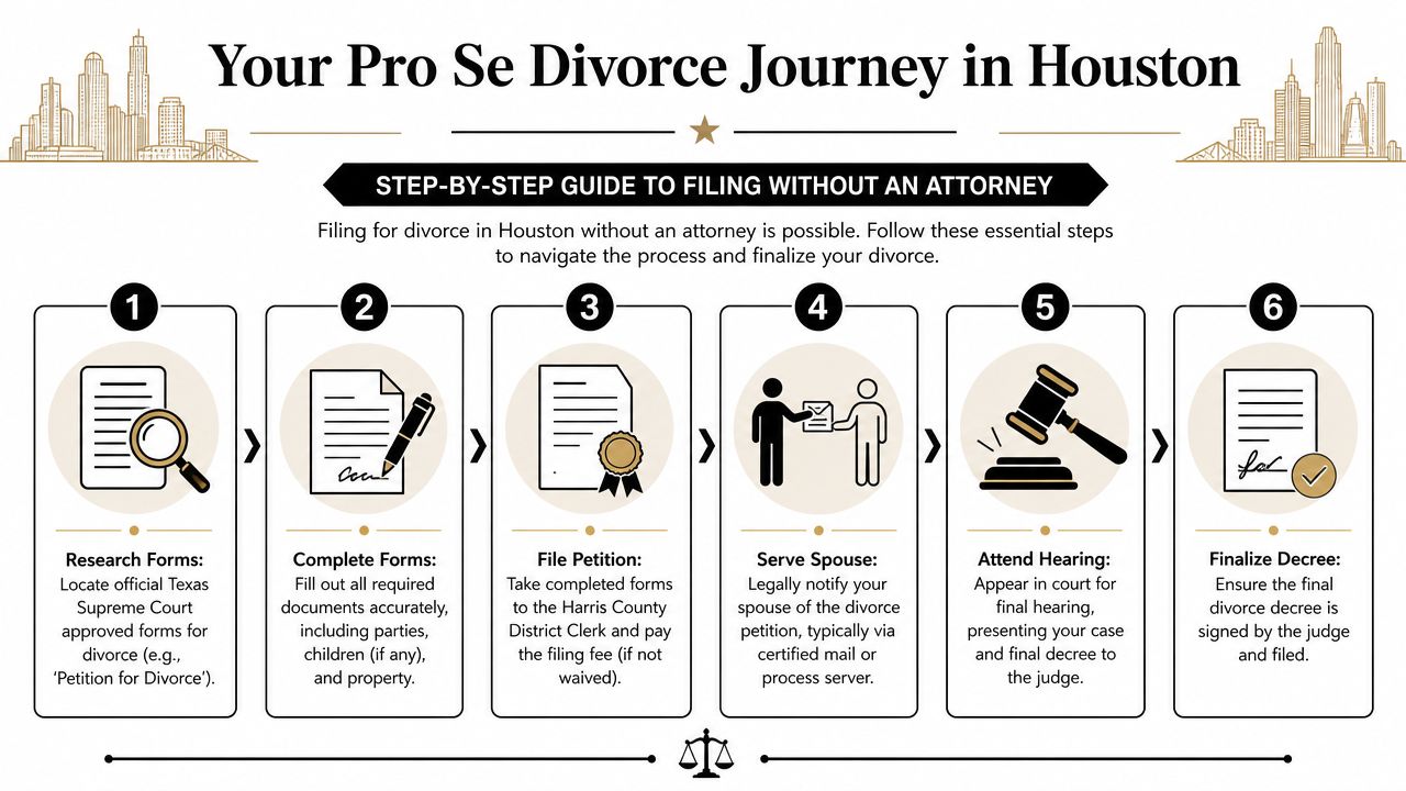A six-step infographic guide explaining how to file for a pro se divorce in Houston, Texas.