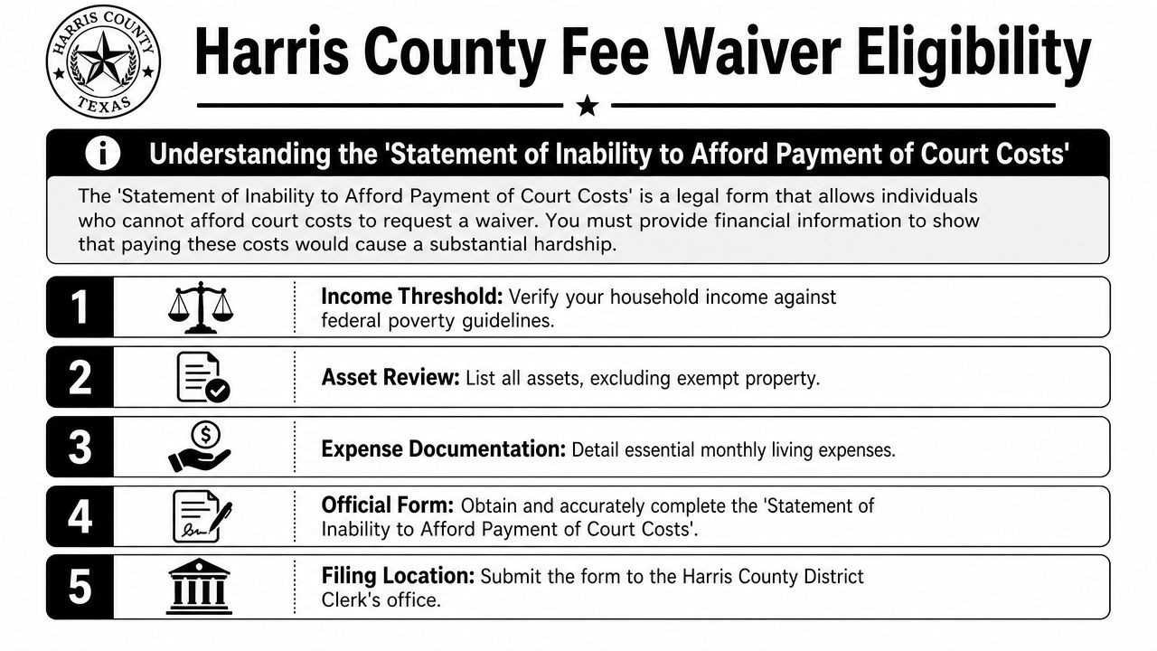 A guide listing the five steps for requesting a court cost fee waiver in Harris County, Texas.