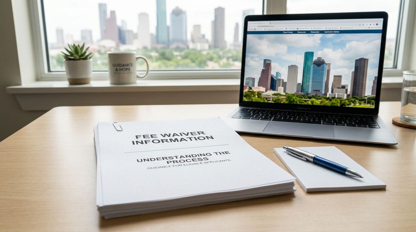 A stack of papers titled Fee Waiver Information sits on a desk next to a laptop computer.