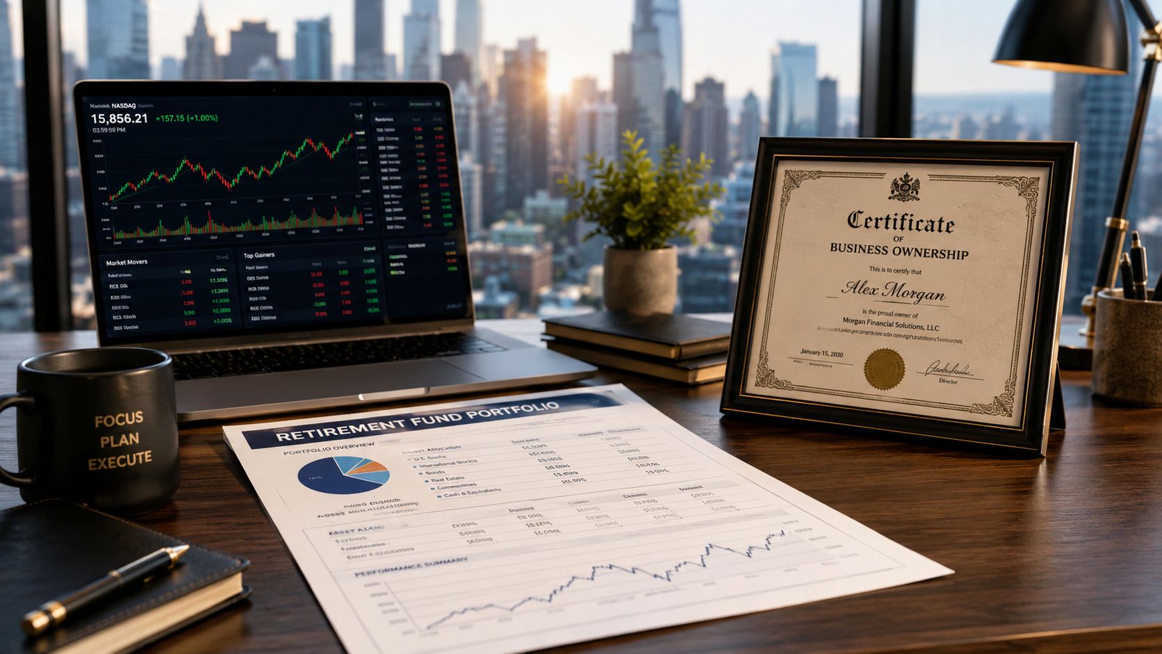 A professional desk setup featuring a laptop with financial charts, a retirement fund document, and a business certificate.