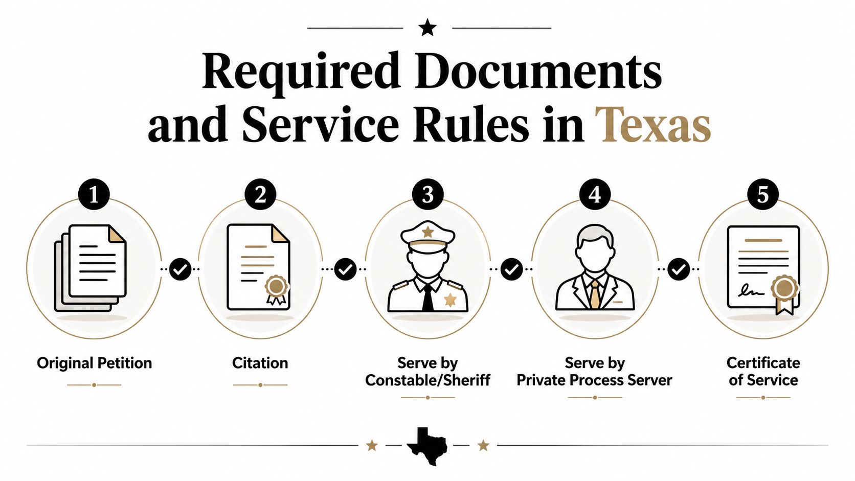 An infographic outlining the five essential steps for serving legal documents in the state of Texas.